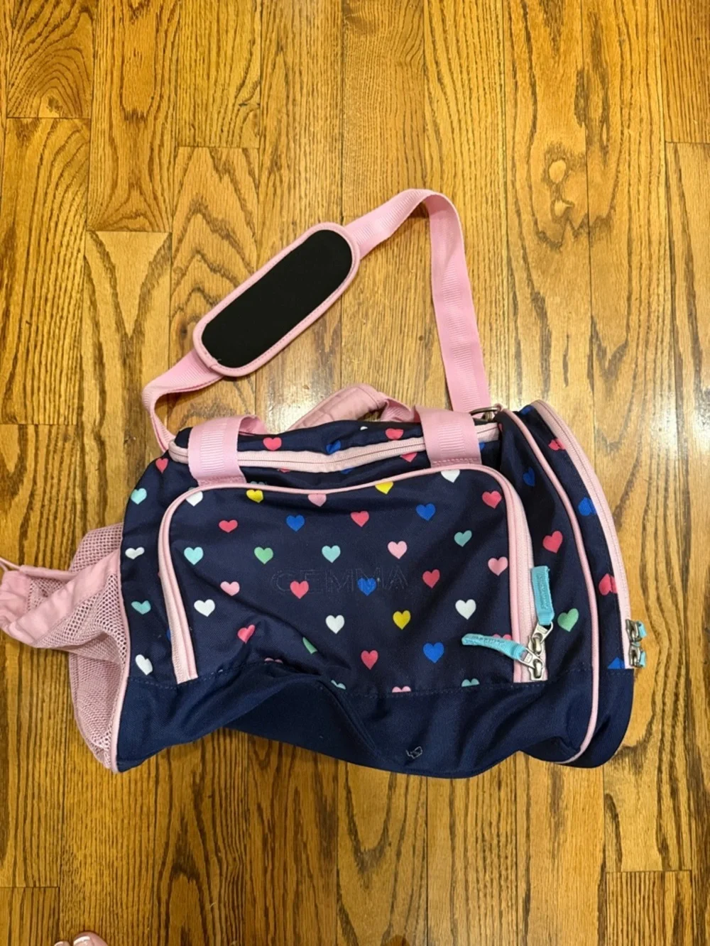 Pottery Barn Kids Mackenzie Navy and multicolored Hearts Sports Duffle Bag